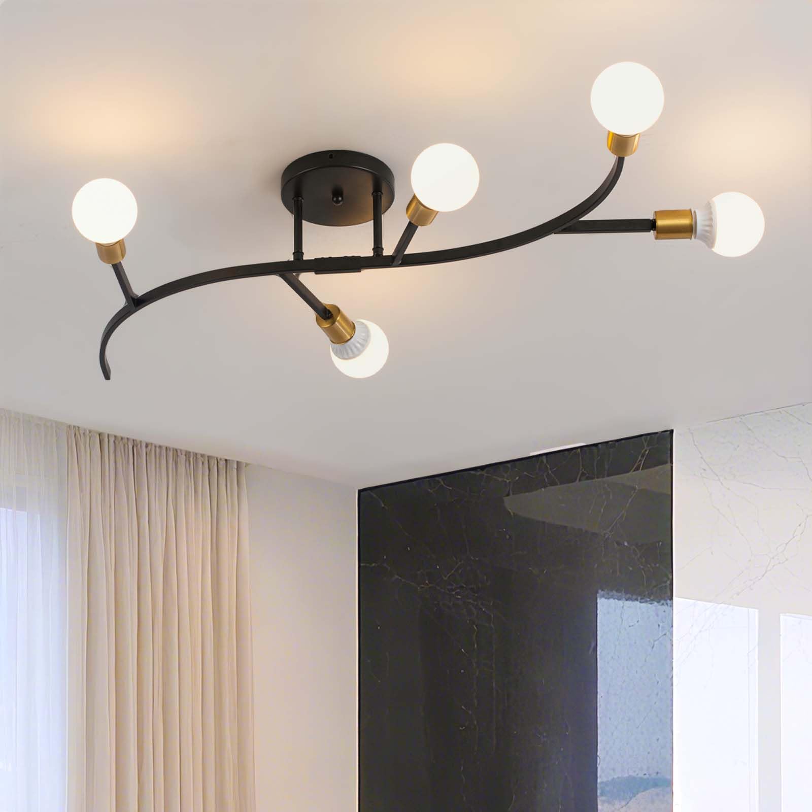 Lampadario Camera Da Letto Industrial, E27 Plafoniera Soffitto Vintage Sputnik, Illuminazione Per Interni, Soggiorno, Cucina, Pranzo, Ufficio, 5 Luci Nero/Oro 86CM （Lampadina Non Inclusa）