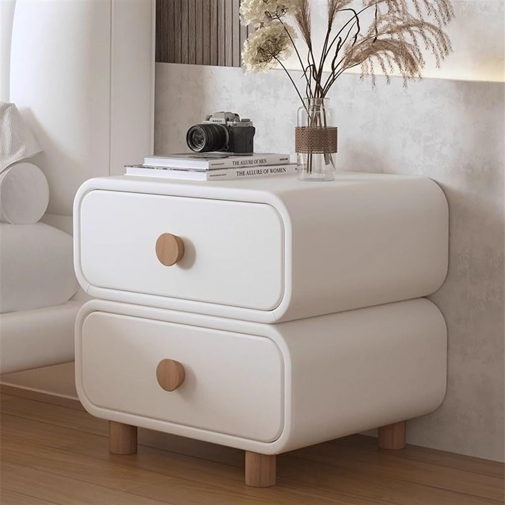 SXZenSpace Modern White Leather Nightstand with 2 Drawers, Small Wooden Side Table for Bedroom and Living Room, 40cm/16in, Stylish Bedside Contemporary Decor