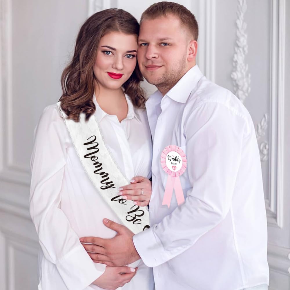 White Lace Sash and Pink Dad to Be Tinplate Badge Pins for Baby Shower Decorations, Welcome Baby Girl, Baby Shower Button New Dad for Gender Reveal - Pink Rosette Button Baby Celebration