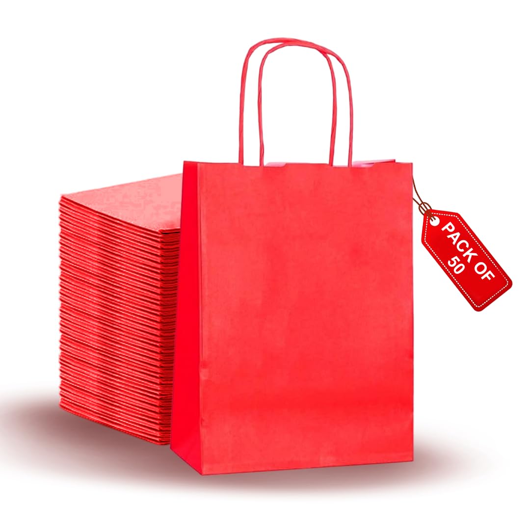 MEDIUM 50 Pcs Paper party bags for kids party - Present holder with twisted handles - Red party bags Ideal for Easter, Anniversary, Birthdays, Weddings, Baby Showers (41 x 32 x 12 CM)