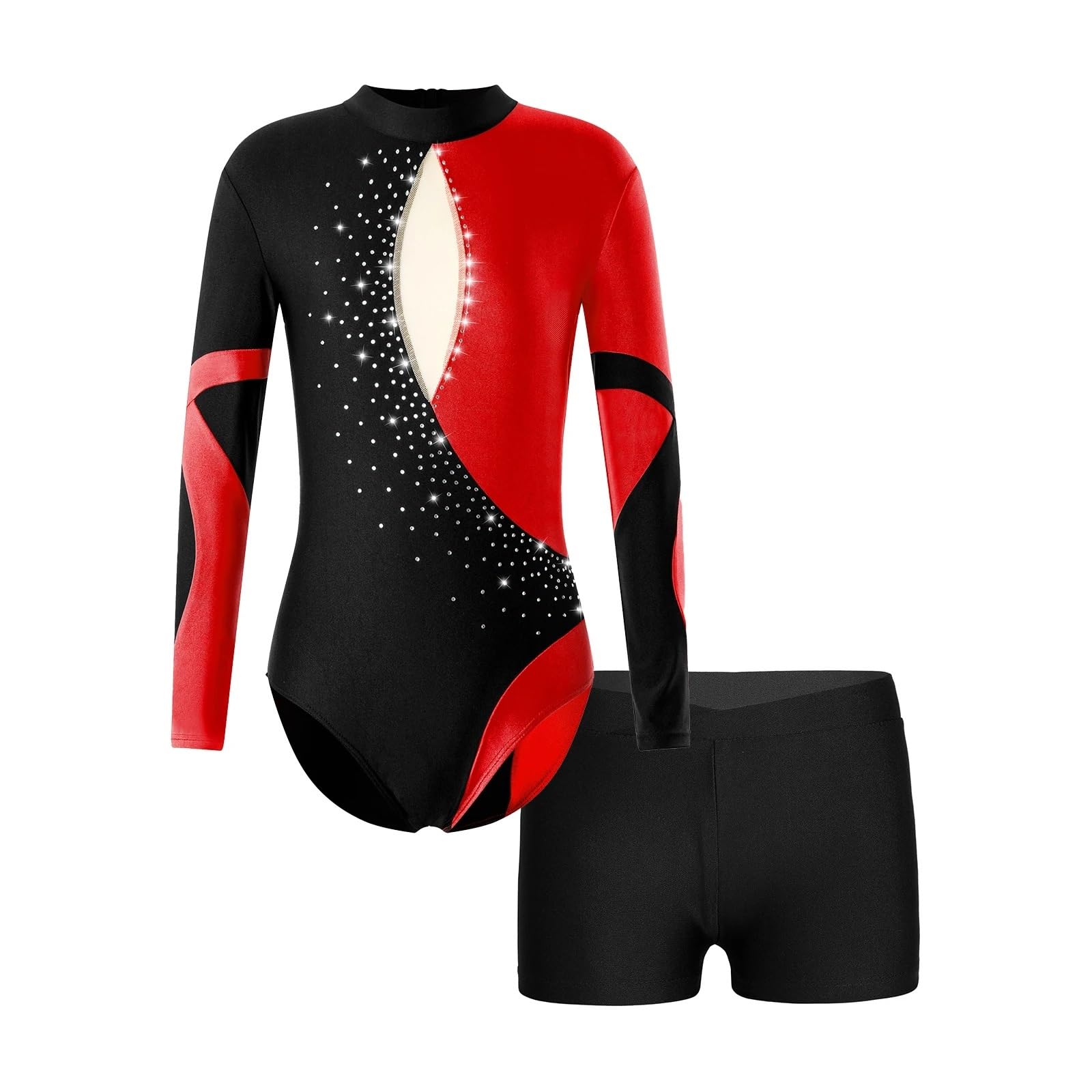 Turnanzug Mädchen Mädchen Ballettanzug Gymnastikanzug Eiskunstlauf Kostüm Langarm Rückenfrei Glänzend Strass Bodysuit mit Shorts