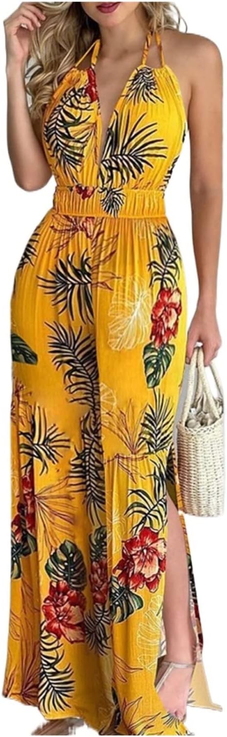 YIBINYIBIN Bodysuits, Summer Women Jumpsuits Outfits Summer Wide Leg Jumpsuit Tropical Print Halter V Neck Jumpsuit (Color : Hortel�, Size : M)