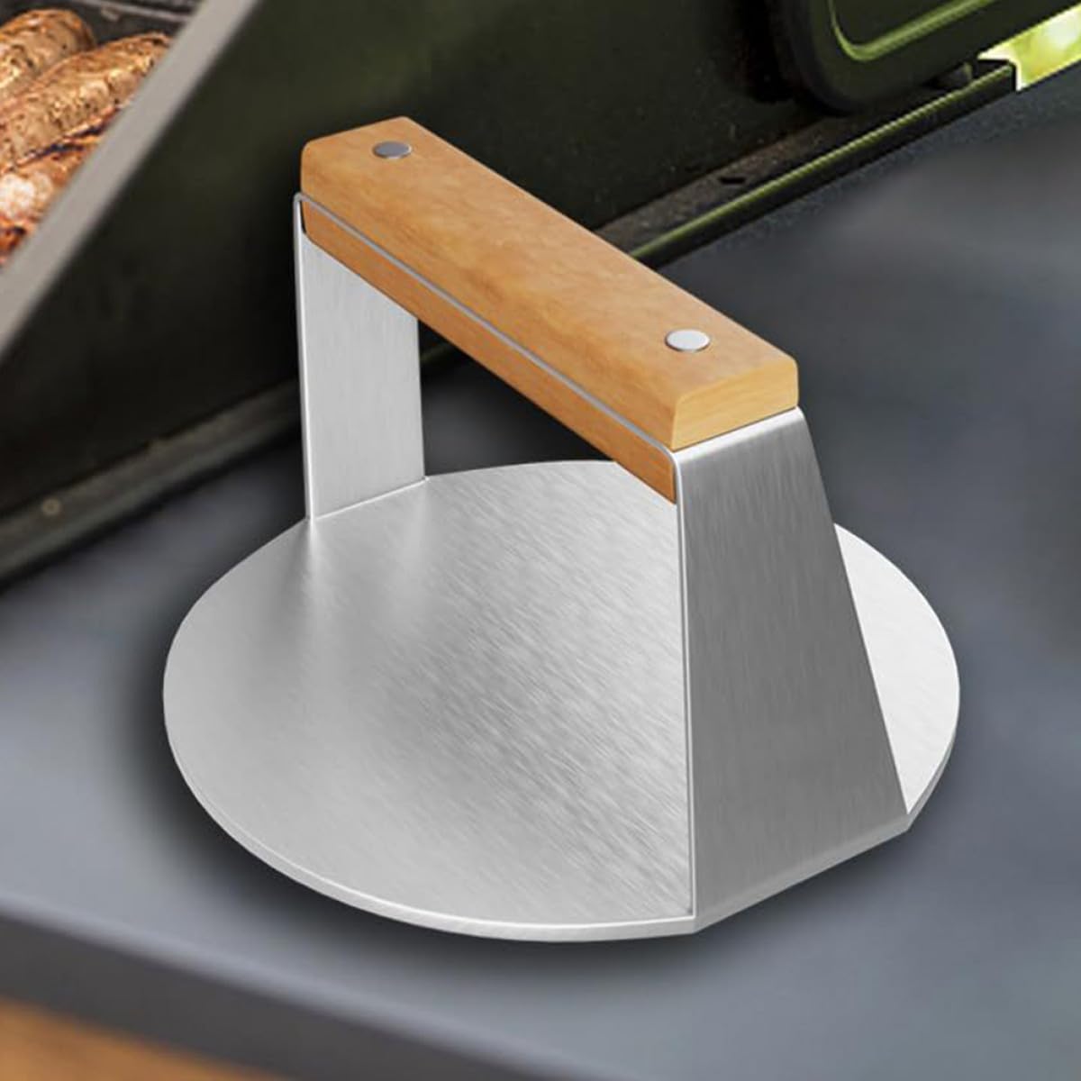 Happyyami Prensa para Hamburguesas Acero Inoxidable Mango de Madera Prensador Manual Molde Redondo para Hamburguesas Caseras Aplastador Cocina Fácil Uso