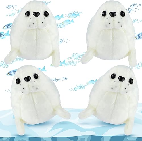 Miniatura 2 de Sosation Juego de 4 piezas de animales de peluche con sello de peluche de foca gordita blanca, lindo sello de almohada de abrazo, juego de juguetes