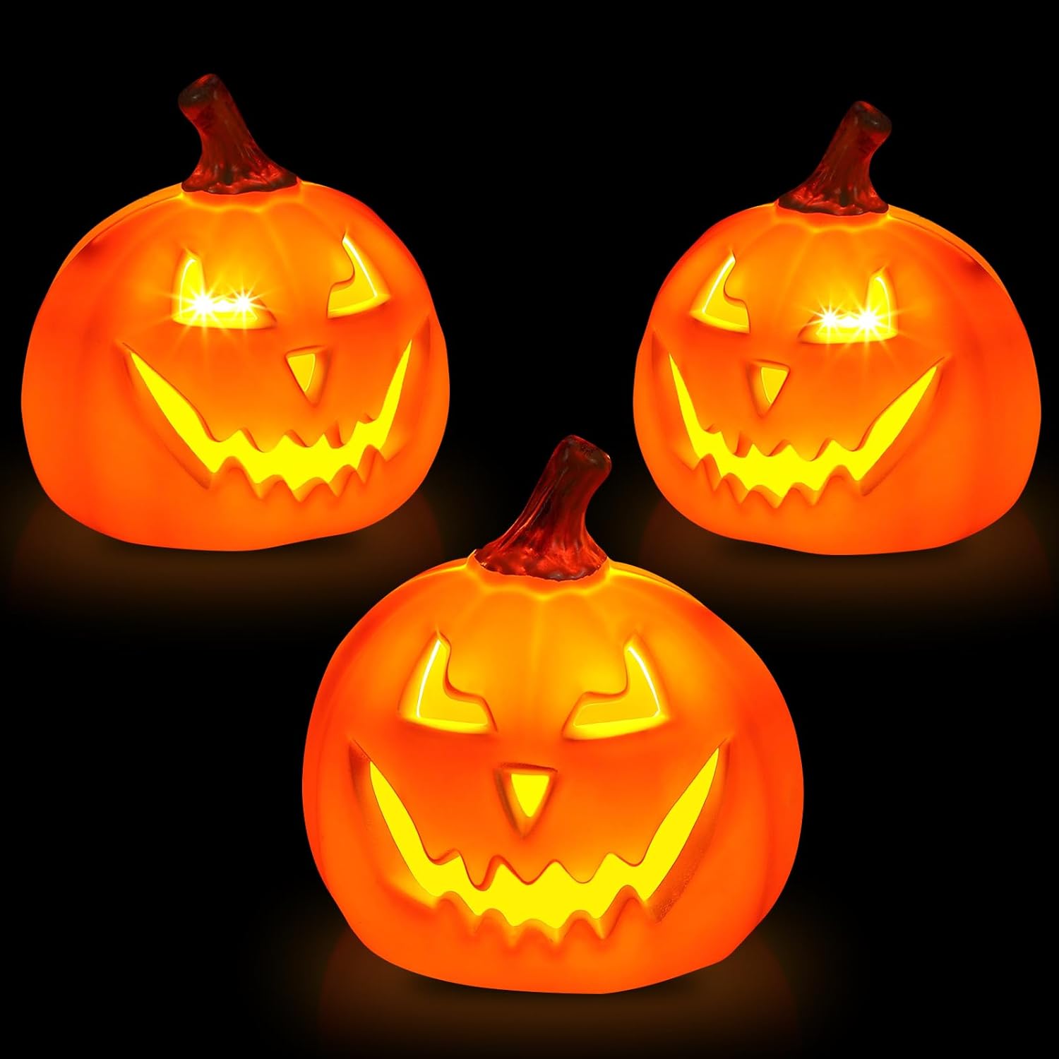 3 Pcs 5.12 Inch Halloween Light up Jack O Lantern Autumn Pumpkin Lights Lamp with LED Plastic Scary Glowing Ornament Set for Thanksgiving Holiday Indoor and Outdoor Garden Home (Uniform Size)