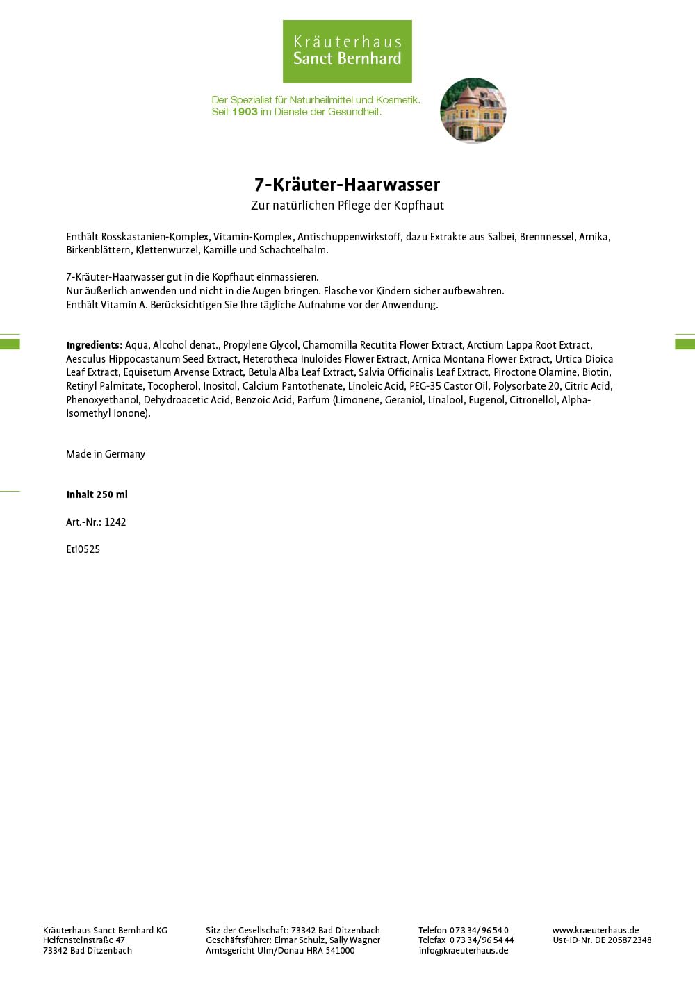 Sanct Bernhard 7-Kräuter Haarwasser mit Salbei, Arnika, Birke, Klettenwurzel & Kamille | 2 x 250 ml