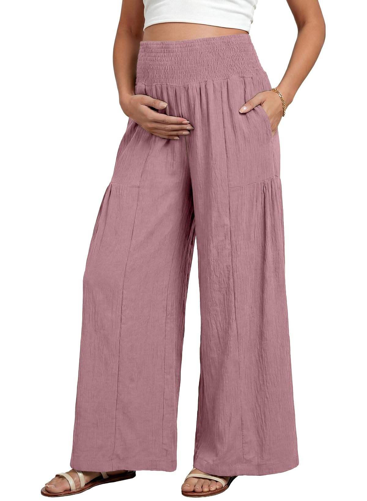 BLENCOT Maternity Smocked Waist Palazzo Pants Wide Leg Casual Trousers
