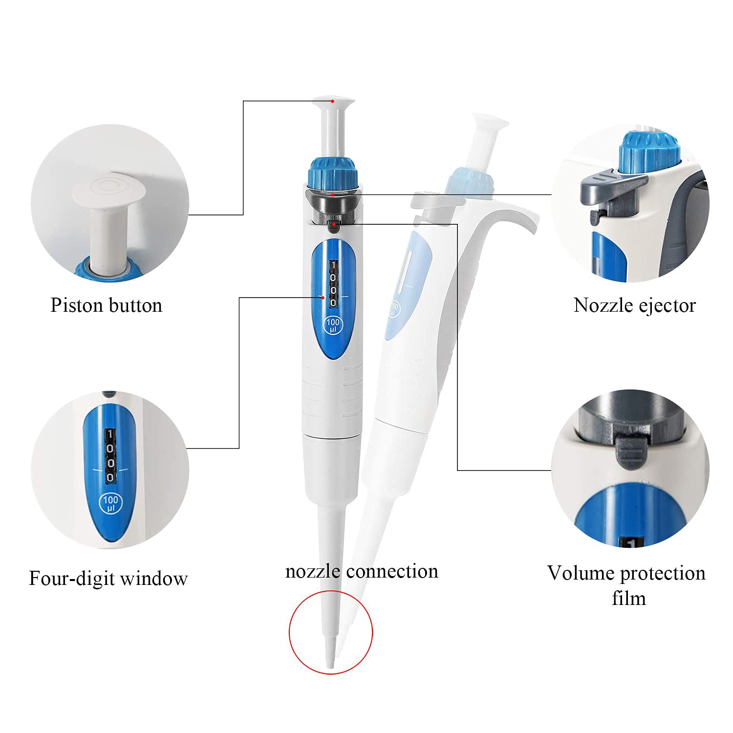 Micropipeta de laboratorio Micropipeta ajustable manual Pipetas monocanal con pantalla de cuatro dígitos Pipeteador esterilizable en autoclave (10-100μl)
