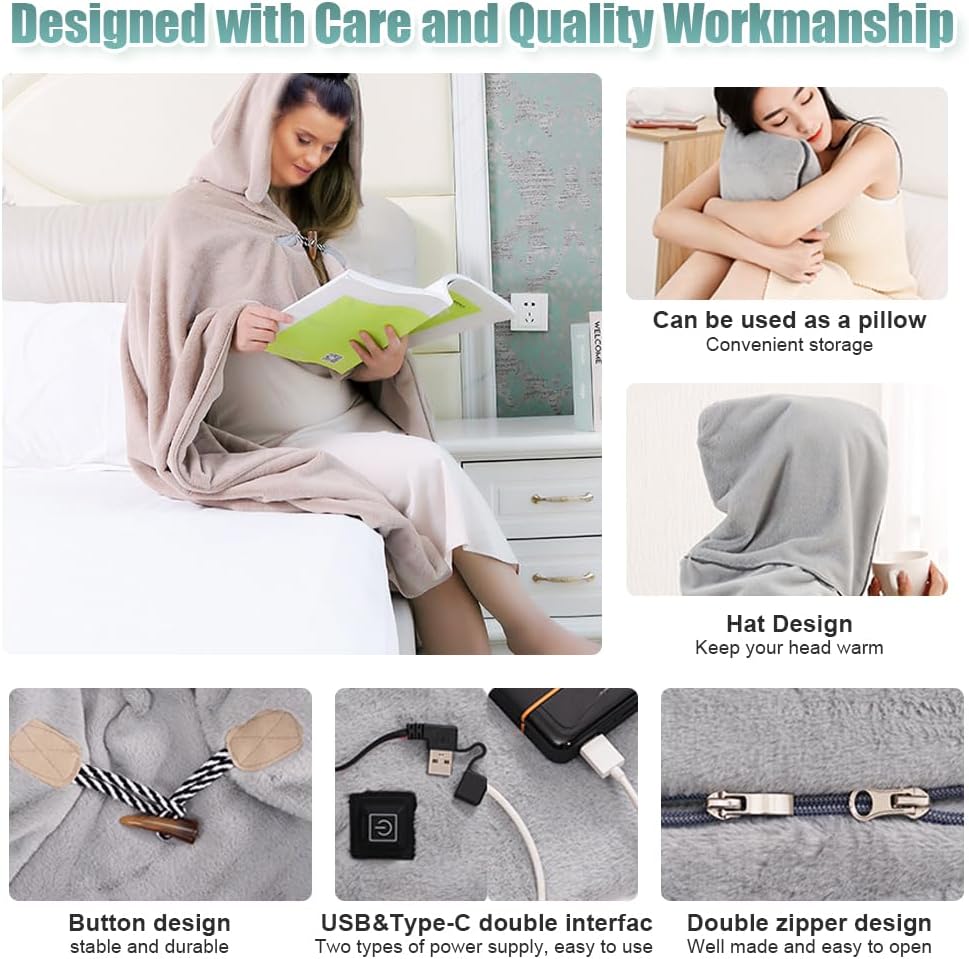 Electric Heated Blanket Throw - Washable, Warm, Queen Size, 3 Heating Levels, Adjustable, Thick, Soft, Warming, Plush, Sherpa, USB/Type-C, Two Interface, Gift for Families