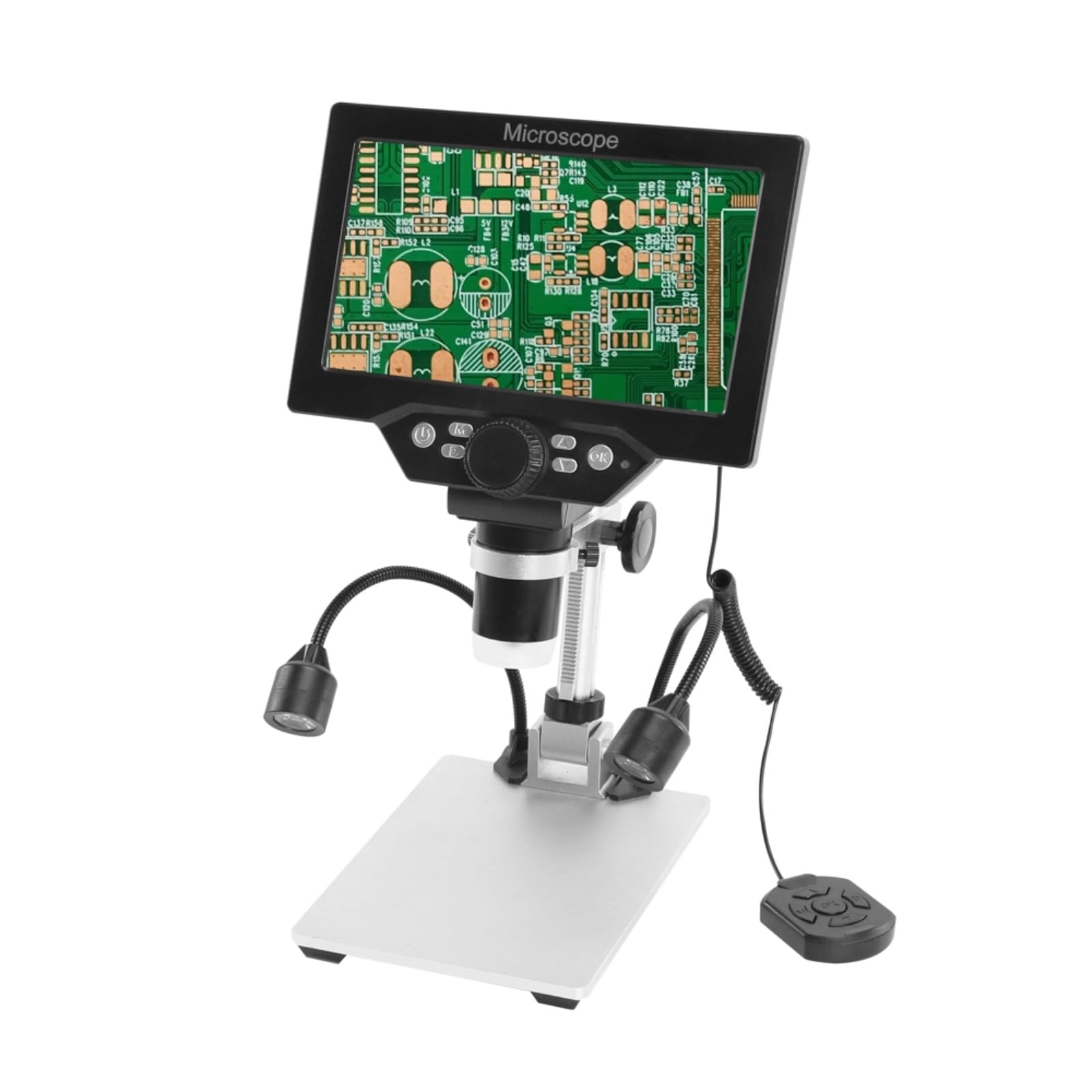 Microscopio digital B1200 de 7 pulgadas, pantalla LCD a color grande de 12 MP 1-1200X, lupa de amplificación continua con soporte de metal y dos luces auxiliares