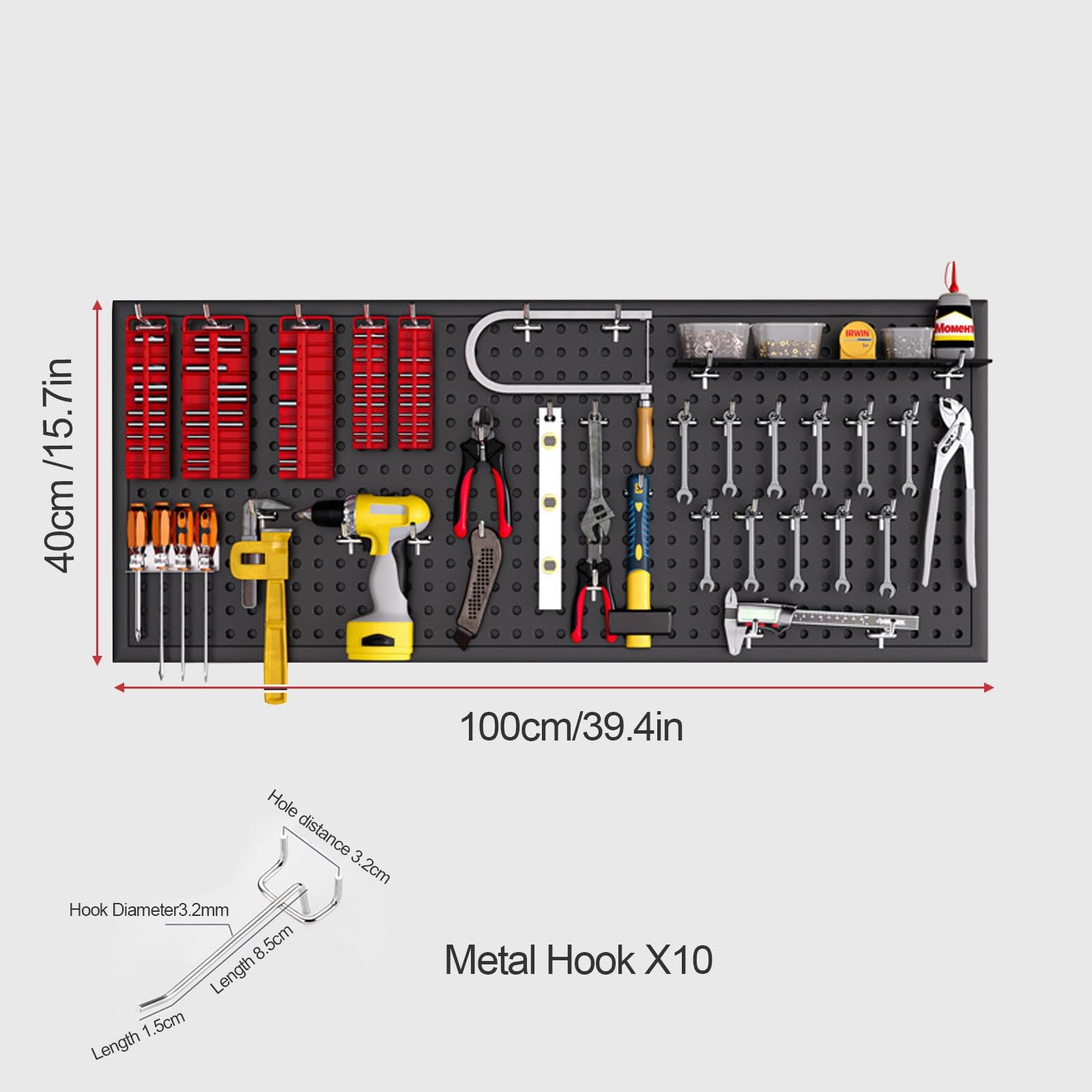 Tablica ścienna z narzędziami, czarna metalowa tablica wisząca na biurko biurkowe, pegboard i akcesoria, stojak do przechowywania na ścianie, odpowiedni do domu, biura, akademika, biurka do gier (100
