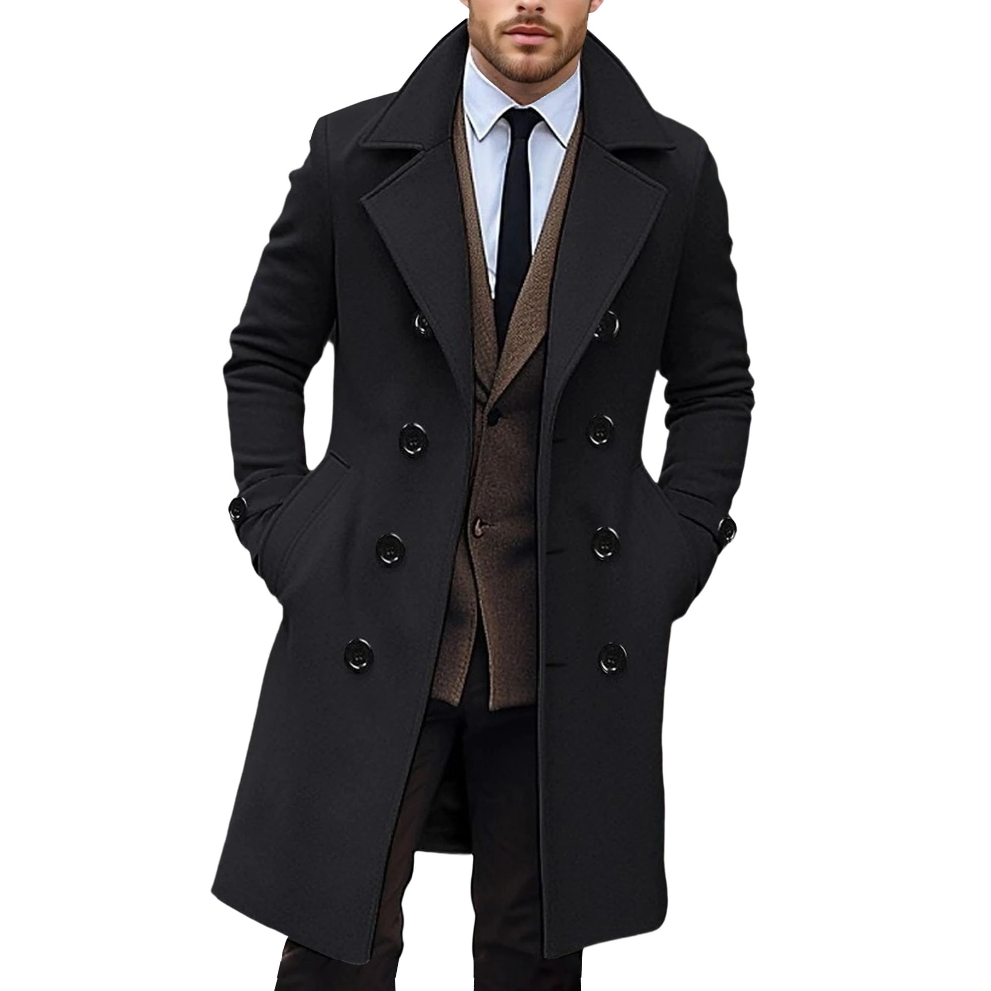 Cappotto da uomo doppiopetto invernale giacca a vento in misto lana cappotto trench in lana con risvolto dentellato
