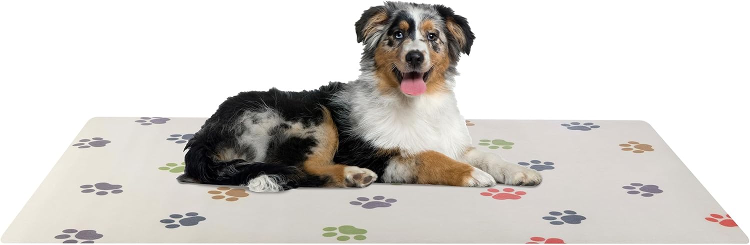 Dog Mat for Food and Water, Crate Pad, and Floor Protector - 55” x 28” Extra Large PVC Memory Foam Pad with Non-Slip Bottom - Stain, Scratch, and Water-Resistant Floor Mat by PETMAKER (Dog Bones)