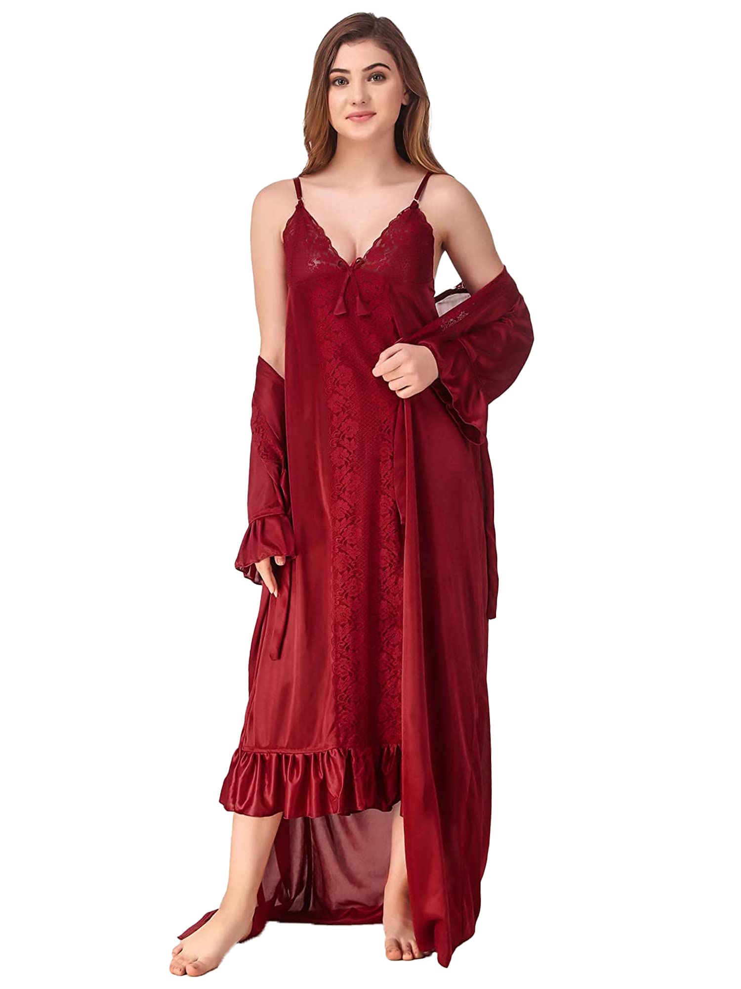Women's Satin Solid Maxi Length Nighty with Robe (Size - Free Size) (Nightwear Set Pack of 2)