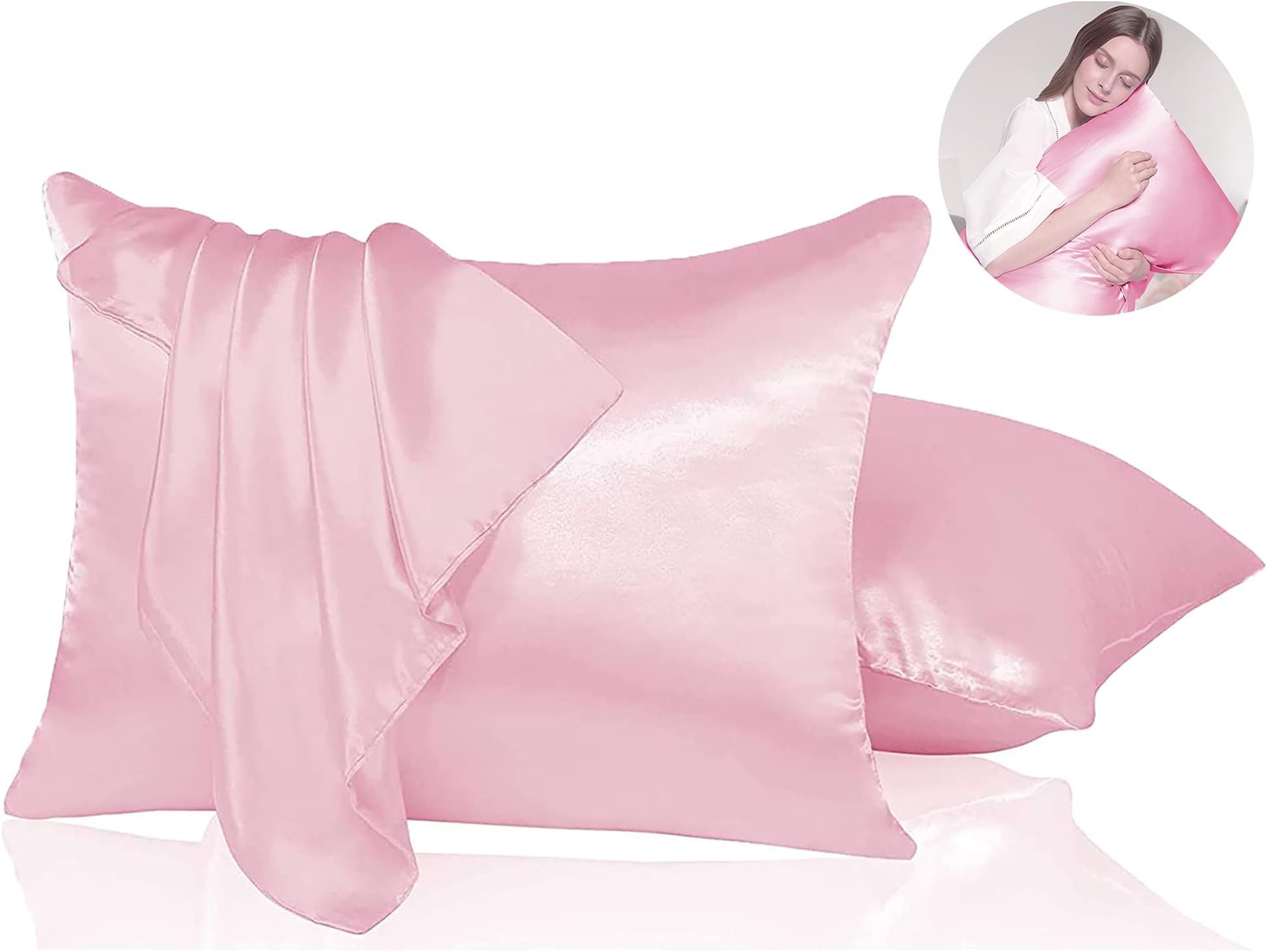 HOLAHONEYLuxury Silky Satin Pillowcases for Hair and Skin, Anti-Aging, Reduce Face Wrinkles, with Hidden Zipper, Summer Cool & Winter Warm Sleeping Set of 2 Queen Size(20x30 inches) (Queen, Pink)