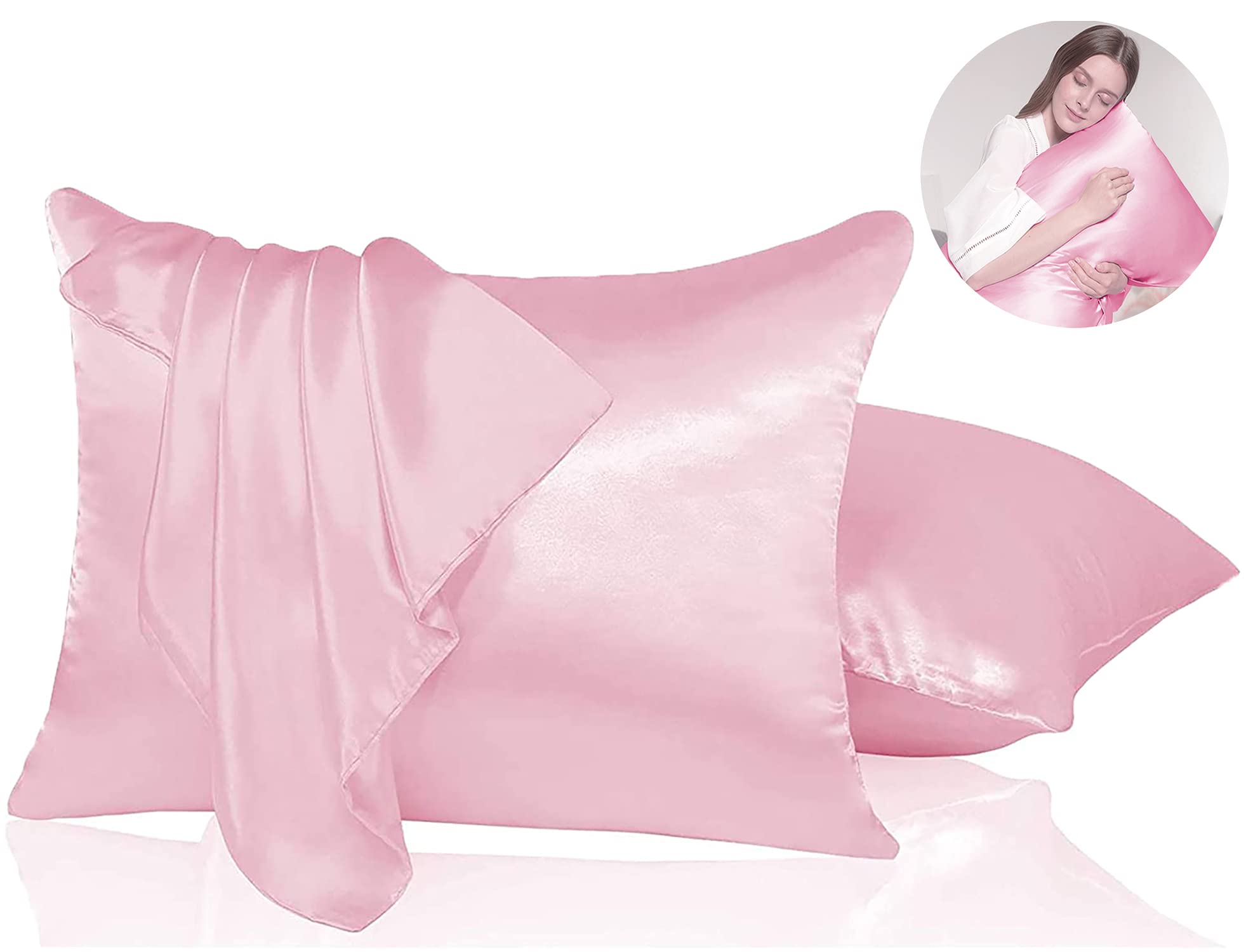HOLAHONEYLuxury Silky Satin Pillowcases for Hair and Skin, Anti-Aging, Reduce Face Wrinkles, with Hidden Zipper, Summer Cool & Winter Warm Sleeping Set of 2 Queen Size(20x30 inches) (Queen, Pink)