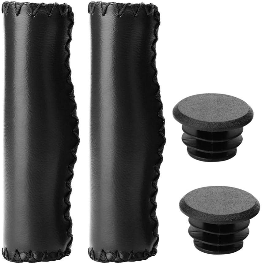 1 Pair Handlebar Grips, Hand-Stitched PU End Grip for Mountain Road Bike(Black)