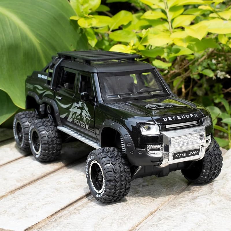Image of Kids Model 1:24 6 Wheel Defender Die Cast Metal Car Pull Back Action Opening Doors with Realistic Engine Sound Lights Toy Car Gift for Boys - Black