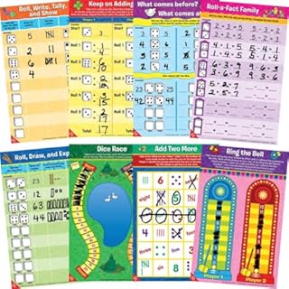 Really Good Stuff Math Mat Dice Games for Kids Ages 5 – 7 – Engaging Math Games – Dice Math Games for Addition, Subtraction, and More – Educational Games for School or Home – 8 Double-Sided Games