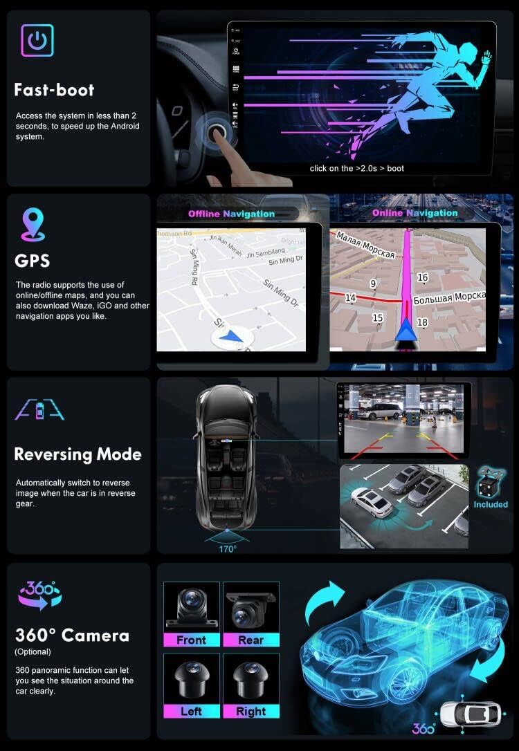 Screenshots showing DAB+ radio interface, CarPlay/Android Auto, Bluetooth phone and music, and Mirror-Link functionality