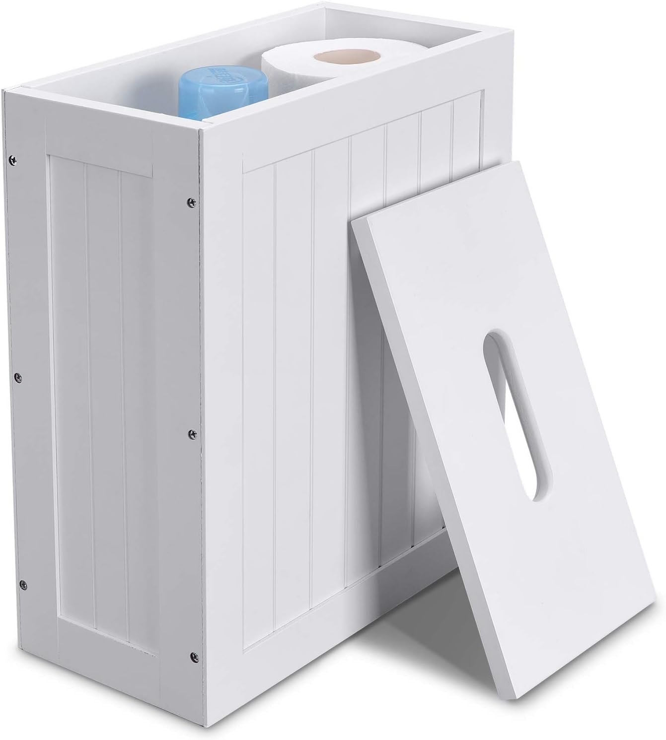 Slimline Wooden Bathroom Storage Unit, Toilet Roll Paper Cabinet, Compact Shaker, Multi-Purpose Cleaning Tidy Box,White