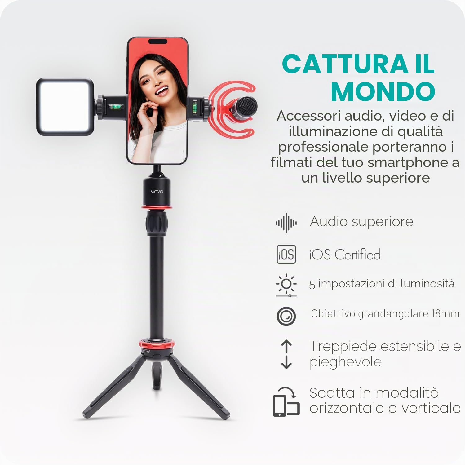 Movo iVlog1 Kit Vlogging per iPhone – Starter Kit YouTube compatibile con Lightning – con microfono fucile da caccia, mini treppiede, luce LED, obiettivo grandangolare adattatore Lightning –