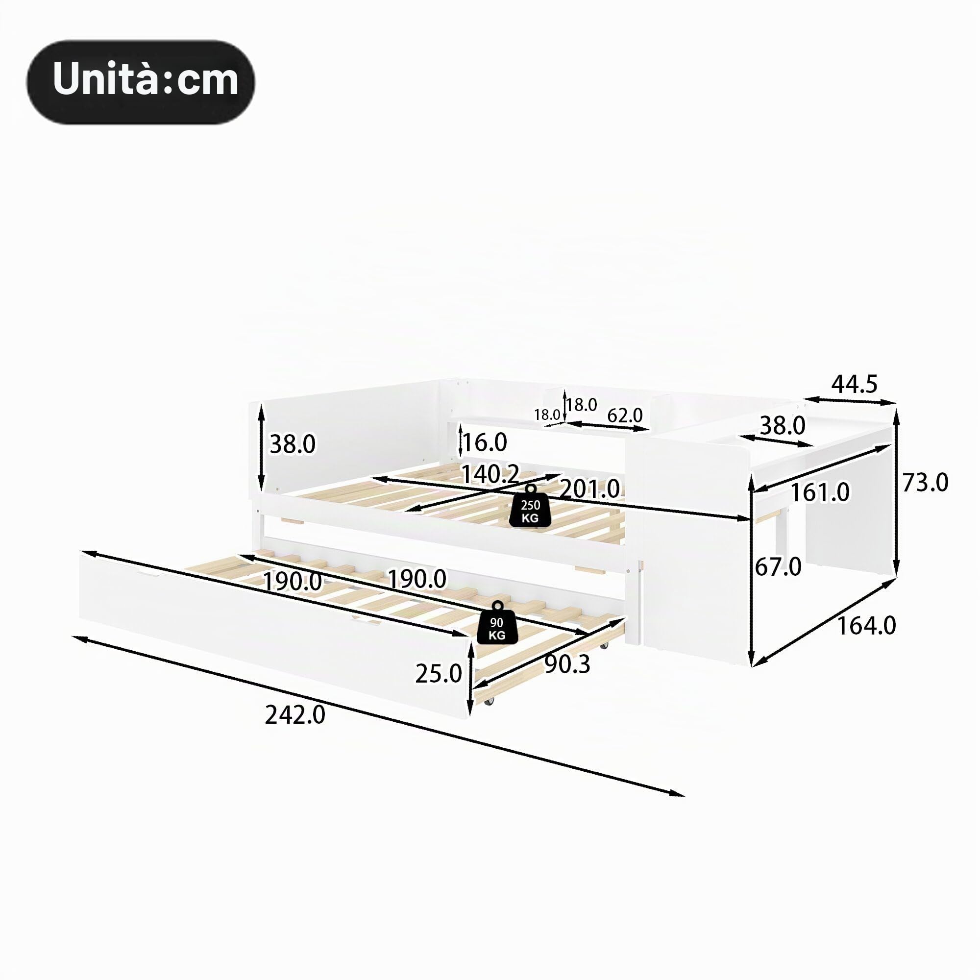 Letto basso, 140x200 cm, letto in legno, con scrivania, con letto estraibile, letto matrimoniale (senza materasso), con ripiani, pino+pannello truciolare (Bianco/con letto estraibile)