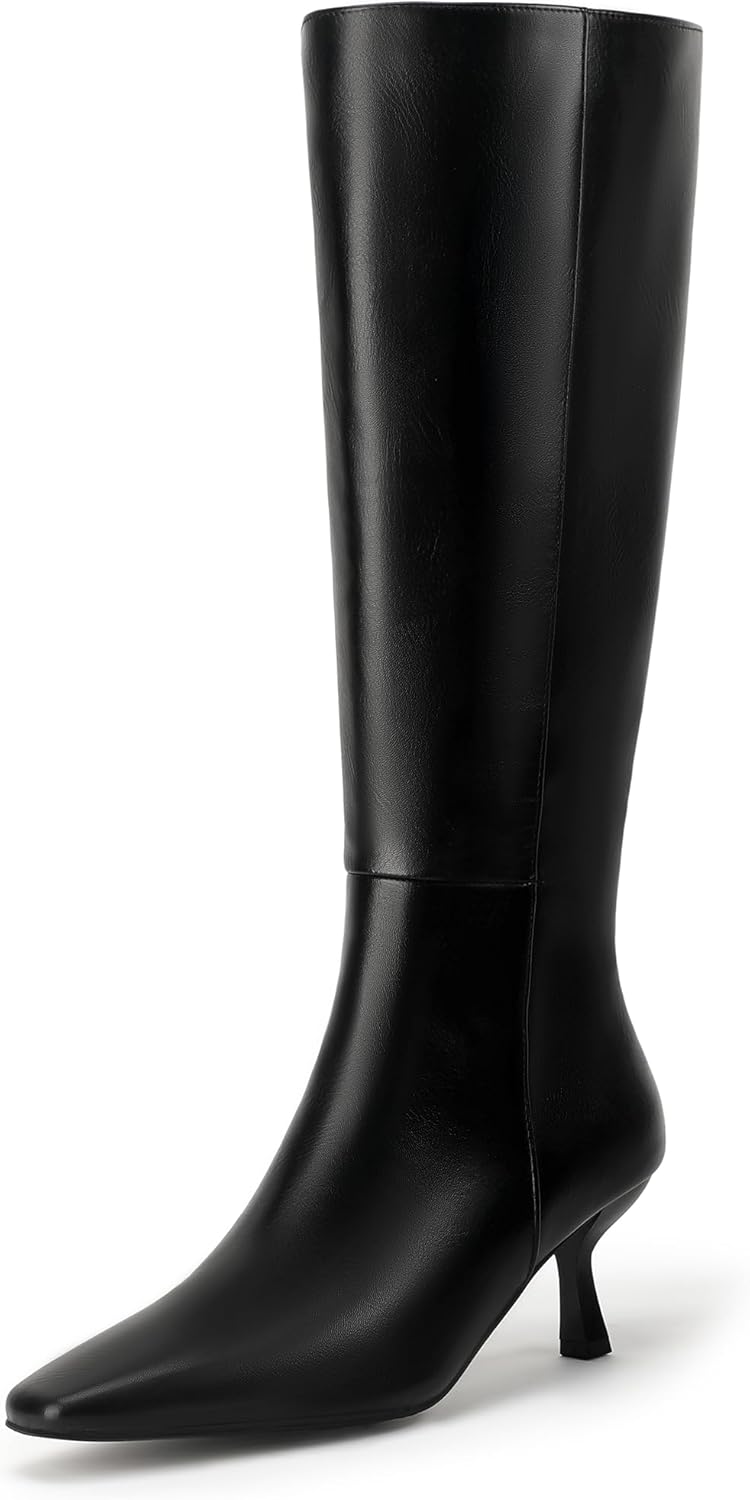 IDIFU IN3 Knee High Boots for Women Square Toe Low Kitten Heel Tall Long Fall Boot with Side Zipper Dress Comfortable Fashion Pull On Small Heel GoGo Heeled Boots
