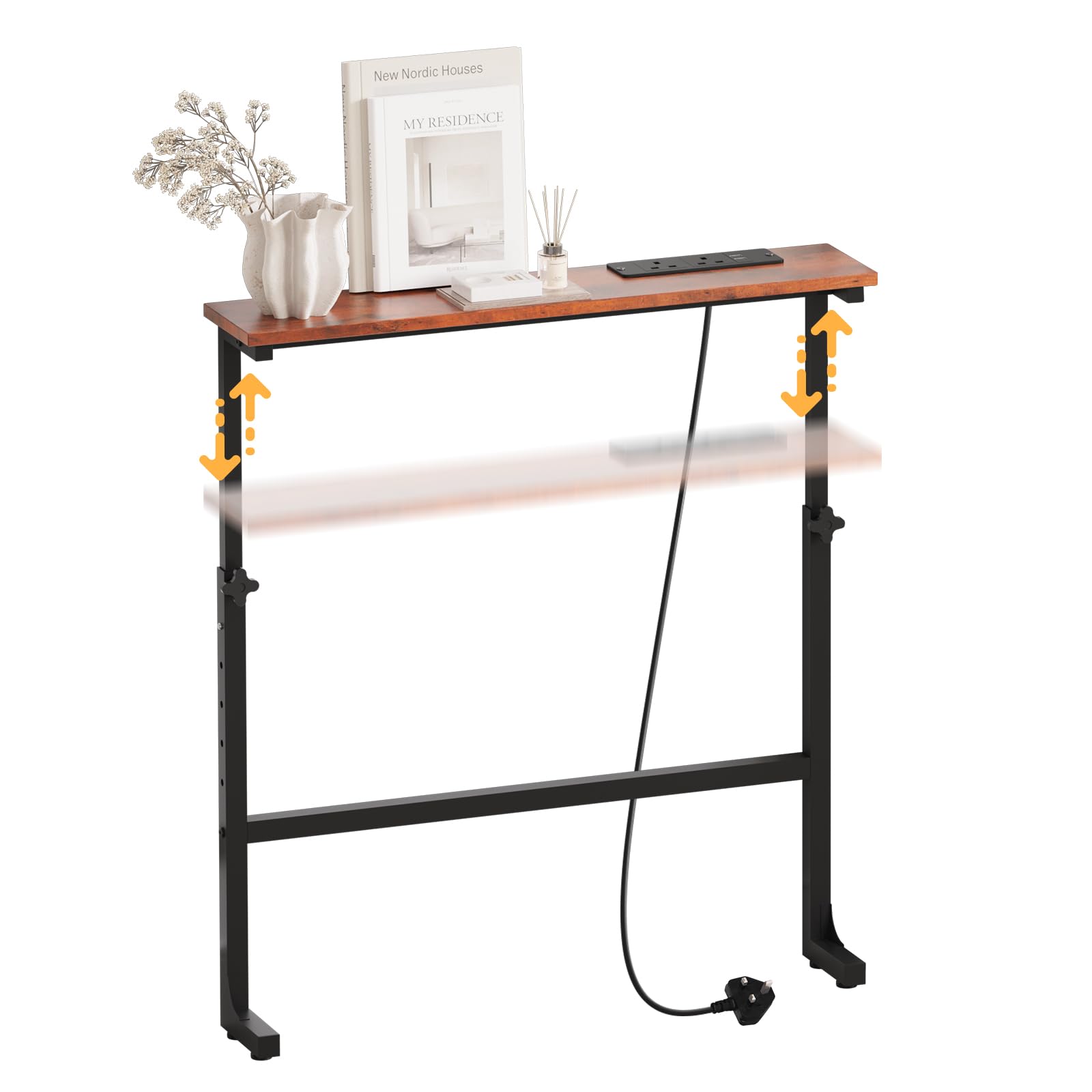 Luxstein Slim Console Table, 75cm Height Adjustable Behind Sofa Table with Charging Station for Hallway, Entryway, Living Room, Rustic Brown — image 1