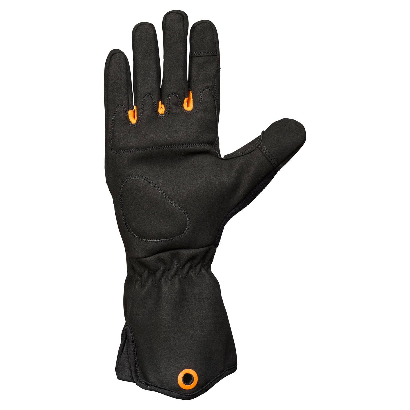 Fiskars Guantes para el Cuidado de Arbustos, Guantes de Trabajo para el Jardín, Pulgares y Puntas de los Dedos Compatibles con Pantallas Táctiles, Imitación de Cuero, Talla 10, Negro/Naranja, 1071153