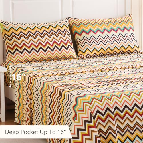Image of MCO 4Pieces Retro Neon Chevron Sheets Set, Breathable Full Sheet Set with 16 inch Deep Pocket,Modern & Luxury, Brushed Microfiber Bedding Set(Retro Neon Chevron, King)