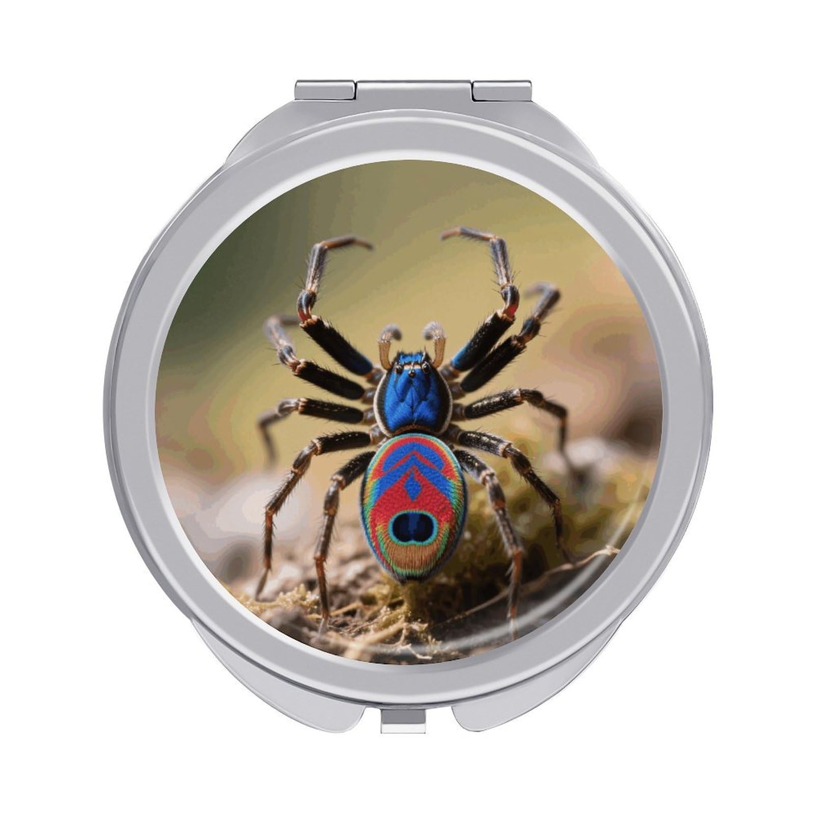FodPand Compact Hand Mirror with 1x/2x Magnifying Round Travel Makeup Mirror Mini Foldable Peacock Spider Cosmetic Mirrors Travel Essentials Gift for Women Girl Portable for Pocket Purse -Silver