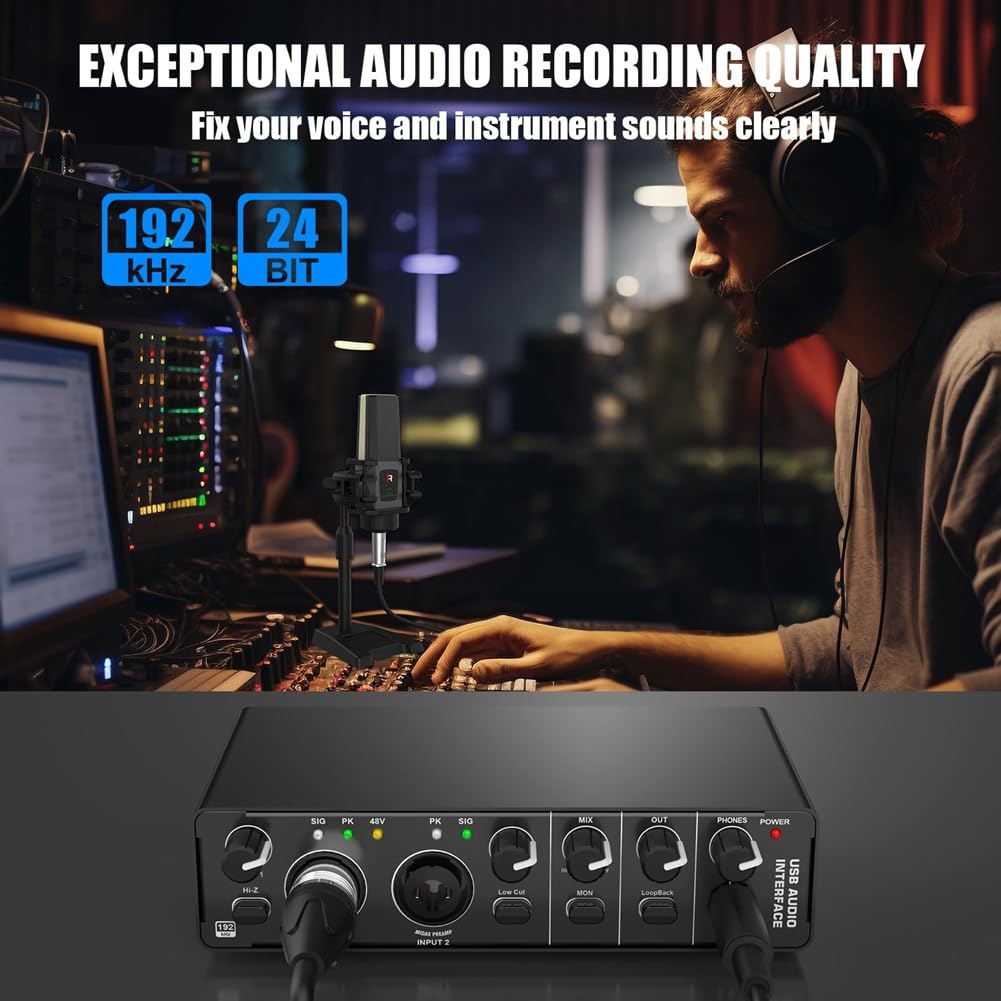 Interfaz de Audio USB, Interfaz de Audio 2 en 2 Salidas con Alimentación Fantasma de 48 V para Grabación, para Guitarrista, Vocalista y Podcaster