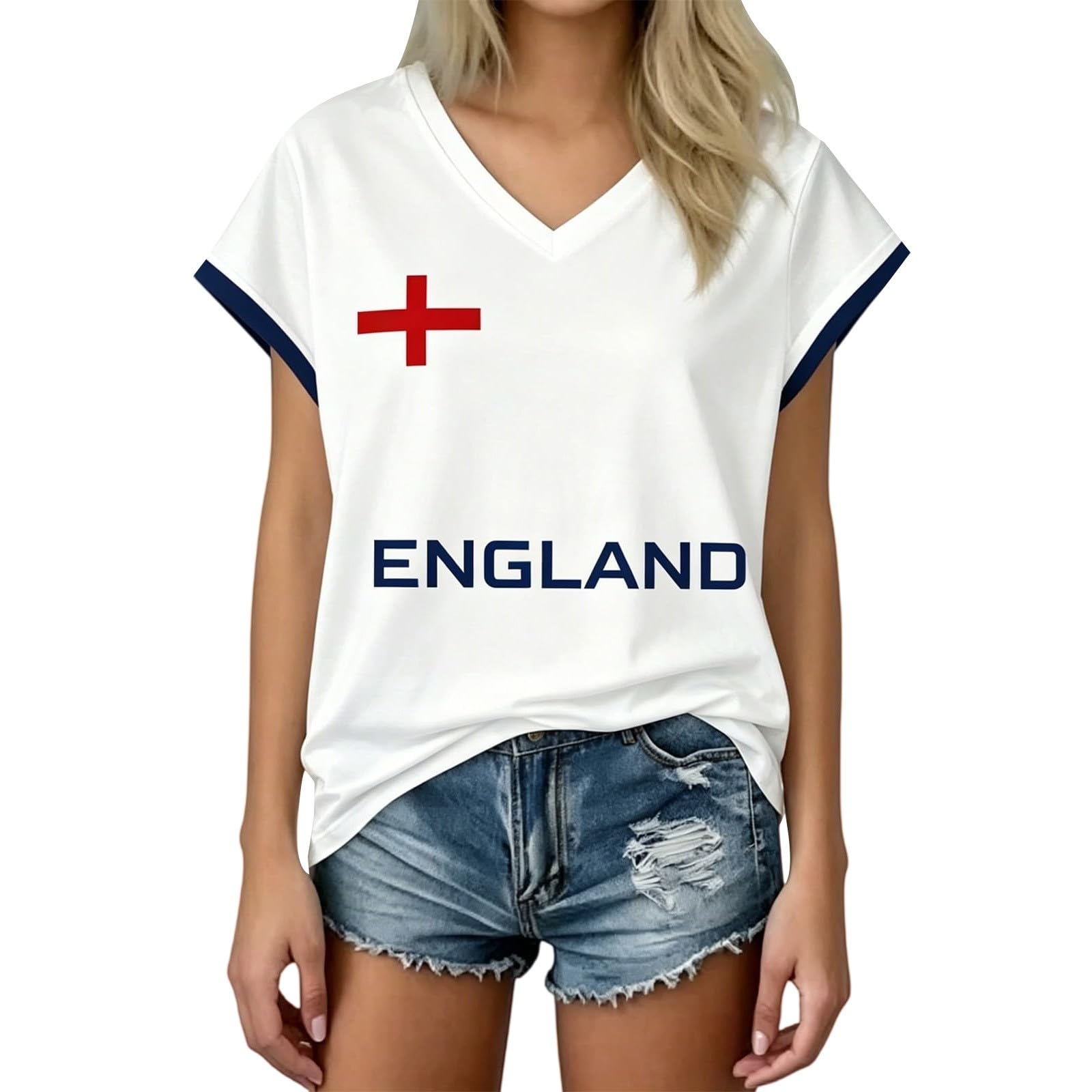 Retro England Football Shirt 2026 World Cup Jersey Tops for Women Ladies England T Shirt Womens Football Top V Neck Lightweight Breathable Classic Soccer T-Shirts Training for Summer Sport Fans Shirts