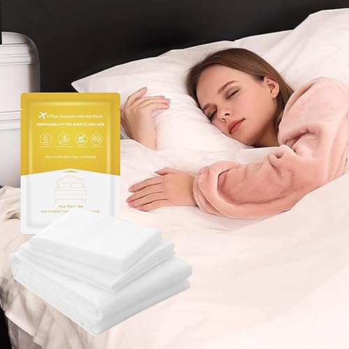 OTITYAN 4 Pcs Disposable Bed Sheets King Size, Disposable Fitted Sheets Travel Bedding Cover for Hotel, Disposable Travel Sheet with Quilt Cover and Pillowcase for Travel Business Trip