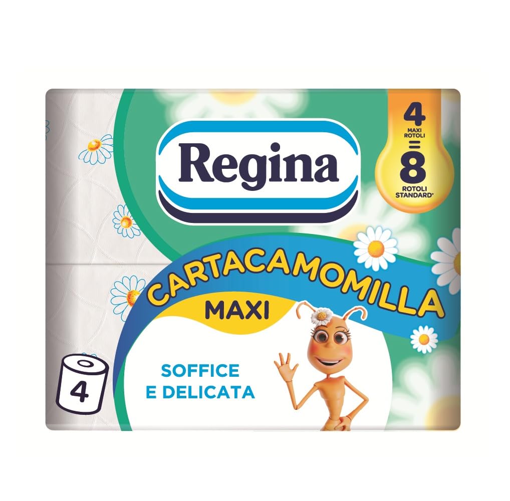 Regina Cartacamomilla - 4 Rotoli di Carta Igienica, 300 Soffici Fogli a 3 Veli, Delicata e Consistente, Profumo di Camomilla, Confezione in Carta Riciclabile, 100% Certificata FSC