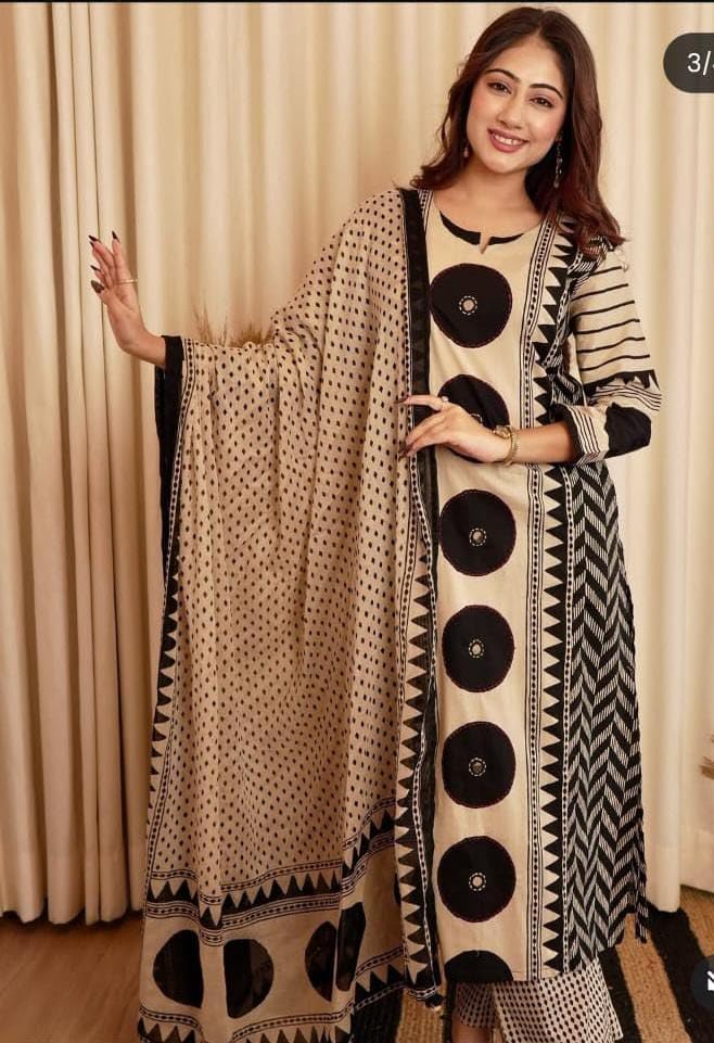 Image of krisjan|Women's Pure Cotton Printed with Handwork Kurta with Pants and Dupatta Set | Ethnic Set | Suit Set | Kurta Set |