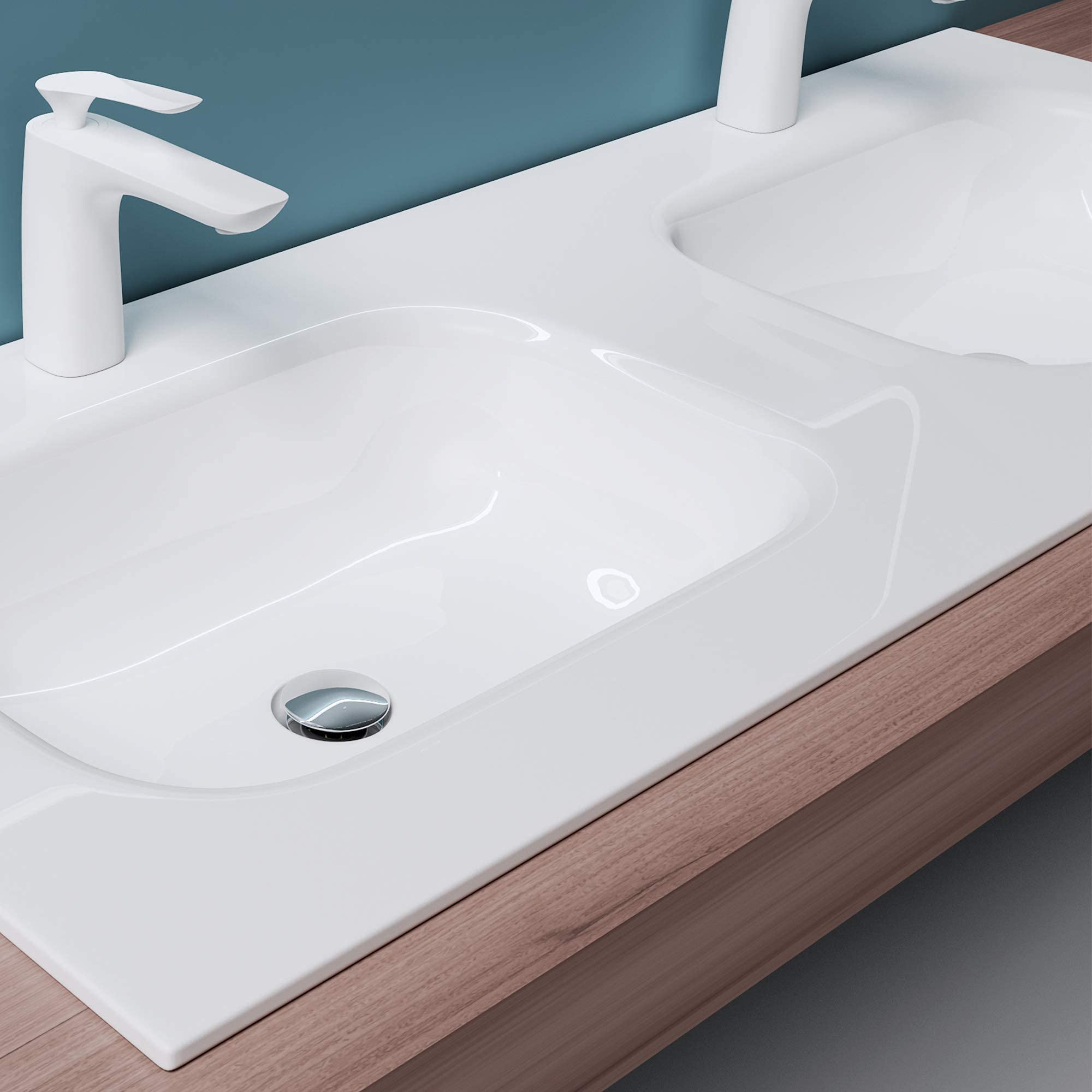 Mai & Mai Waschbecken Einbauwaschbecken Doppelbecken Mineralguss Waschtisch Waschplatz große Ablagefläche rechteckig Breite: 120cm Col04