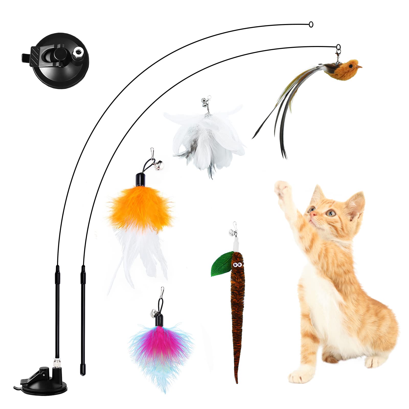 Cat Feather Toys, Interactive Cat Wand Toys with Super Suction Cup Detachable 5 PCS Feather Replacements with Bell, 2 Teaser Wand Cat Spring Feather Toys for Indoor Cats Kitten Exercise (A)