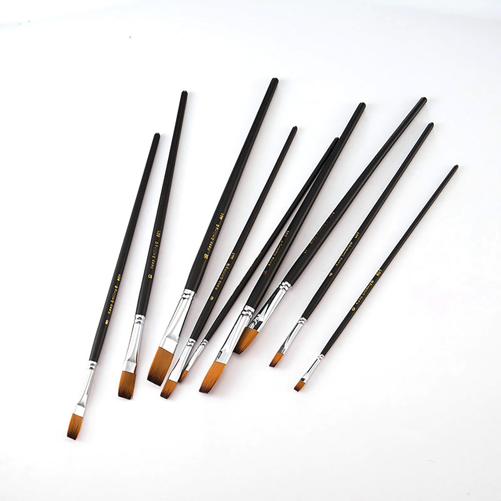 Set di 9 pennelli per Pittura con Manico Lungo e Piatto, in setole Sintetiche di qualità, con Manico in Legno, Ideali per Principianti, Professionisti, per Pittura acrilica, Acquerello e Olio.
