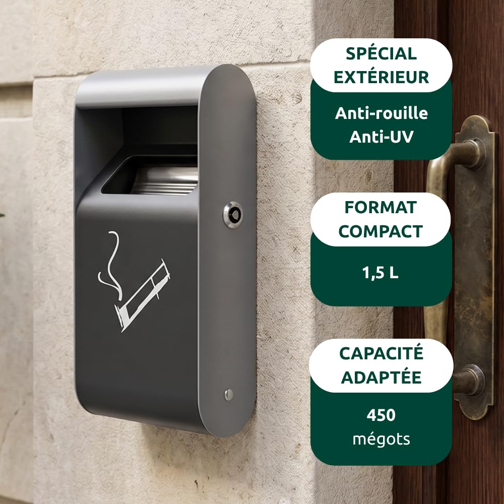 JVD Cendrier mural 1,5L en acier galvanisé - Idéal pour usage extérieur