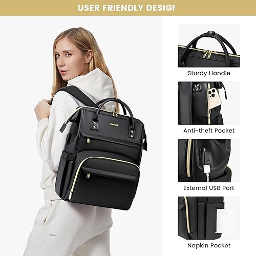 Miniatura 4 de LOVEVOOK Mochila de viaje para computadora portátil para mujer, de piel sintética, mochila de trabajo a la moda, bolsa grande de 15.6 pulgadas para