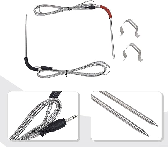 Dual Needle Meat Temperature Probes BBQ Meat Temperature Probe Stainless Steel Me-at Temperatures Probe Set with Clips for Weber Gas and Smokefire Pellet Grills
