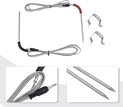 Dual Needle Meat Temperature Probes BBQ Meat Temperature Probe Stainless Steel Me-at Temperatures Probe Set with Clips for Weber Gas and Smokefire Pellet Grills
