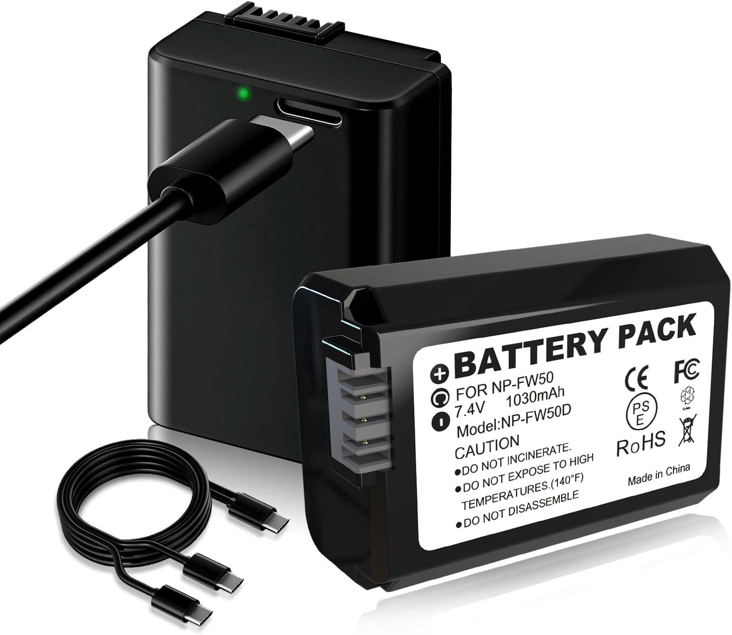 2 Pack NP-FW50 Replacement Battery 1030mAh with Type-C Charging Port for Sony ZV-E10, Alpha 7, A7, A7II, A7RII, A7SII, A7S, A7S2, A7R, A7R2, A5000, A6400, A6500, A6300, A6000, NEX-3, NEX-5