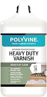 Polyvine Heavy Duty Interior Varnish Satin or Dead Flat Finishes – Quick Dry Varnish – Polyurethane, Water-Based, Water Resistant Coating for Indoor Woodwork, Painted Surfaces & More, Dead Flat 4L