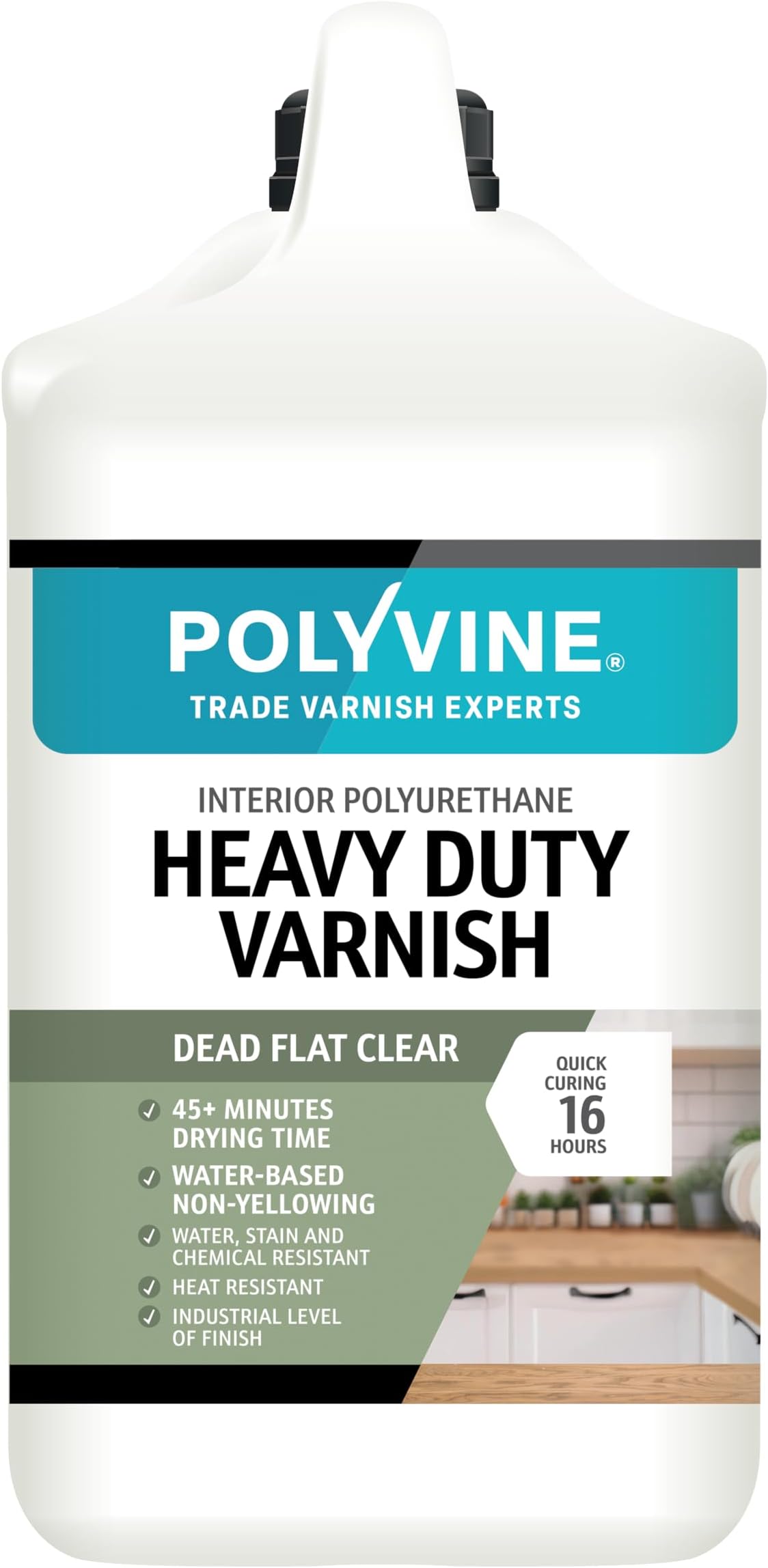 Polyvine Heavy Duty Interior Varnish Satin or Dead Flat Finishes – Quick Dry Varnish – Polyurethane, Water-Based, Water Resistant Coating for Indoor Woodwork, Painted Surfaces & More, Dead Flat 4L