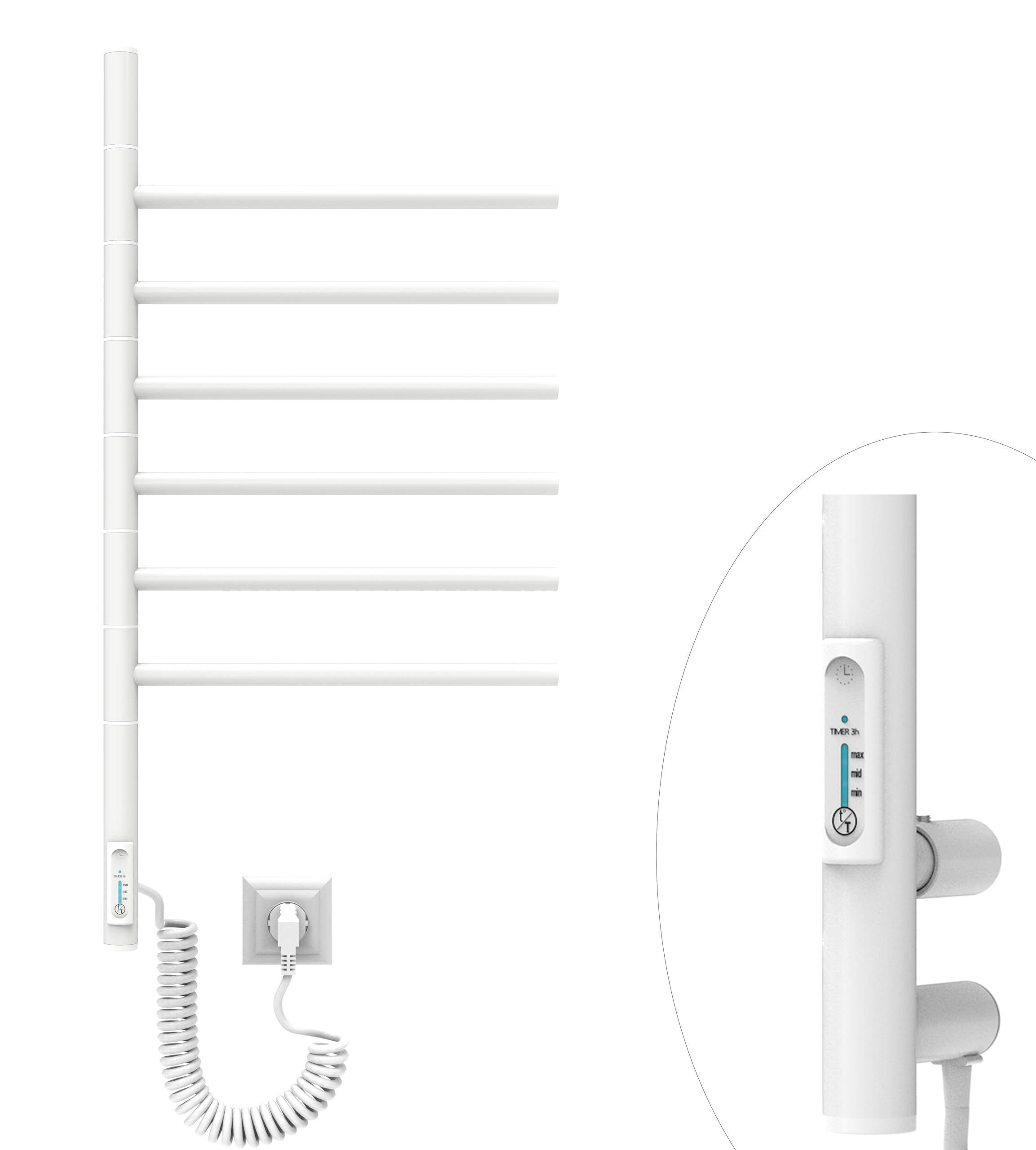 Grzejnik łazienkowy biały 78W 79x40 cm – Elektryczny podgrzewacz do ręczników z 6 ramionami – Timer i Termostat – IP44 – Stylowy design – Stal węglowa