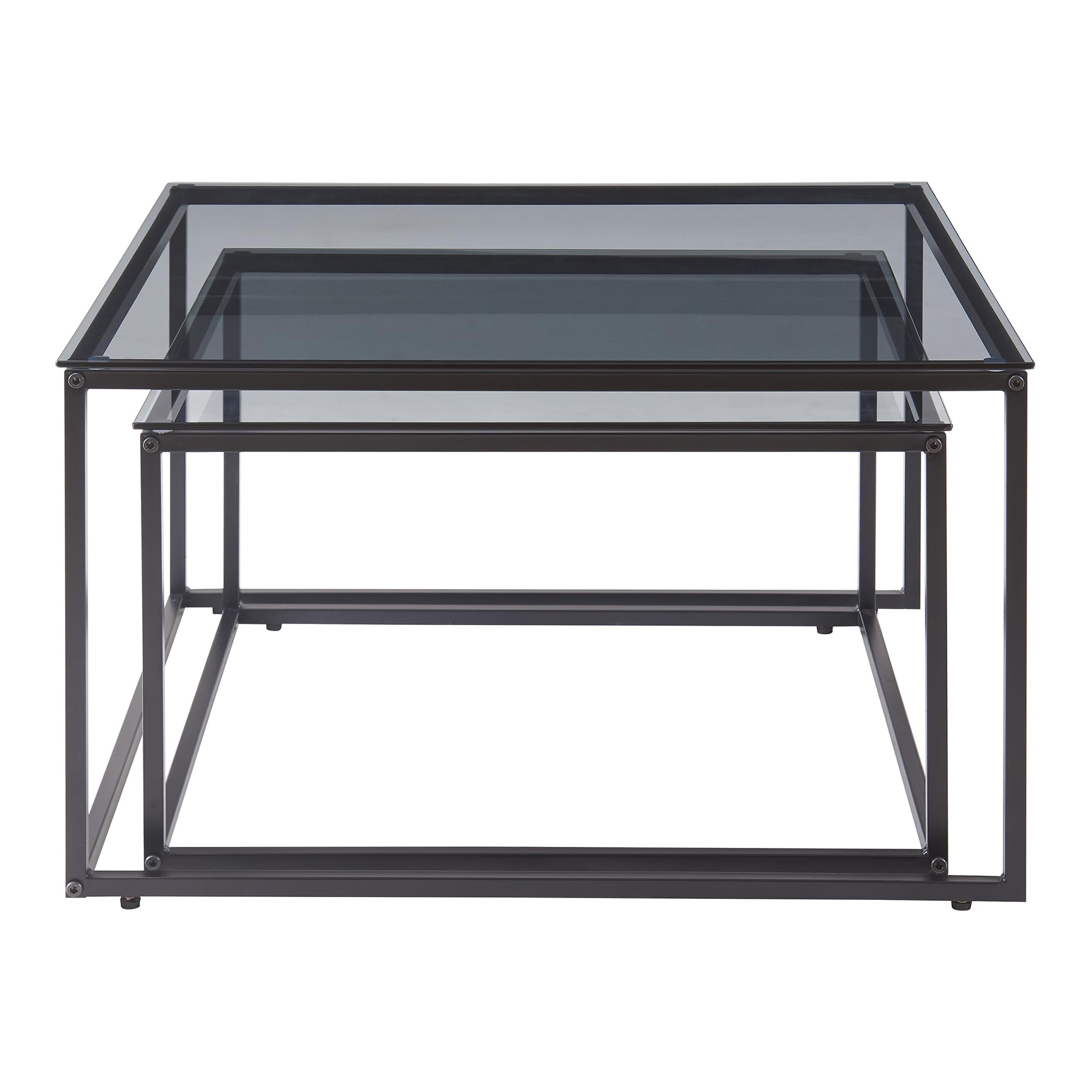 [en.casa] Lot de 2 Tables Basses Gigognes Ensemble de 2 Tables d'Appoint de Tailles Différentes Set de 2 Bouts de Canapé Design Industriel Gain de Place Acier Verre Trempé Noir Verre Fumé Gris