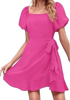 Falda de mesa roja vestido casual para mujer, cuello cuadrado, manga corta, dobladillo con volantes, traje de verano Básico de color sólido para primavera y viajes, mini falda corta sexy rosa, rojo, M